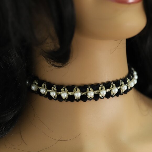 Fancy Pearl and Black lace Choker adjustable (#32) - Picture 1 of 9